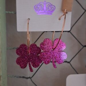 Sparkling Pink Four-Leaf Clover Hoop Earrings